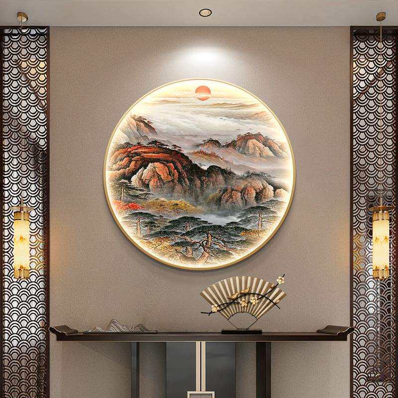 泰山日出东方圆形玄关装饰画新中式靠山图走廊挂画山水茶室壁画灯