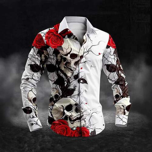 Men's Long Sleeve Printed Collared Shirt Fabric, Slim-Fit