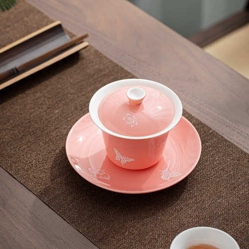 太妃粉 高颜值盖碗茶杯女士三才泡茶碗单个日式手绘梅花 功夫茶具