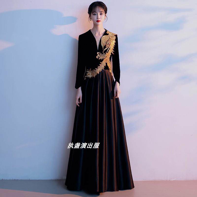 正品0黑合色表演服装优雅优雅的成人妇女风长裙225新中国主办唱比