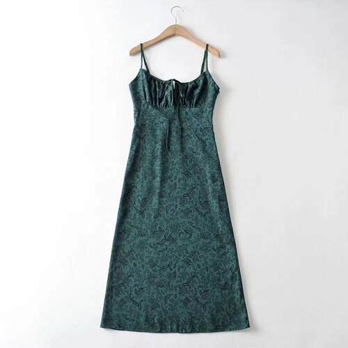 Women Floral Dress Cut Square Neck Spaghetti Strap Tie