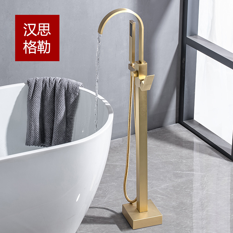 全铜落地浴缸花洒套装简约轻奢民宿酒店木桶缸边冷热接地水龙头