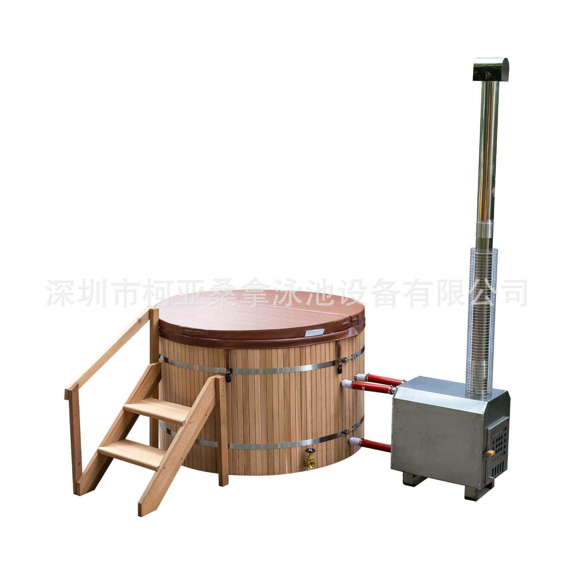 户外hottub不锈钢桑拿泡澡桶红雪松洗澡桶热水浴缸外置烧材柴炉