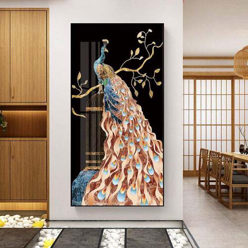 孔雀玄关画入户装饰画走廊过道晶瓷挂画现简约竖版背景墙壁画