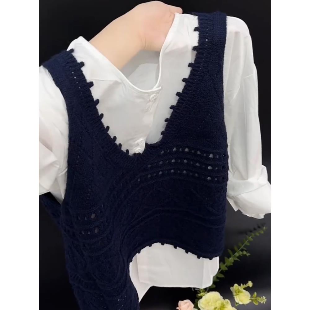 法式藏蓝色镂空针织马甲女春秋叠穿背心高级感显瘦假两件无袖上衣