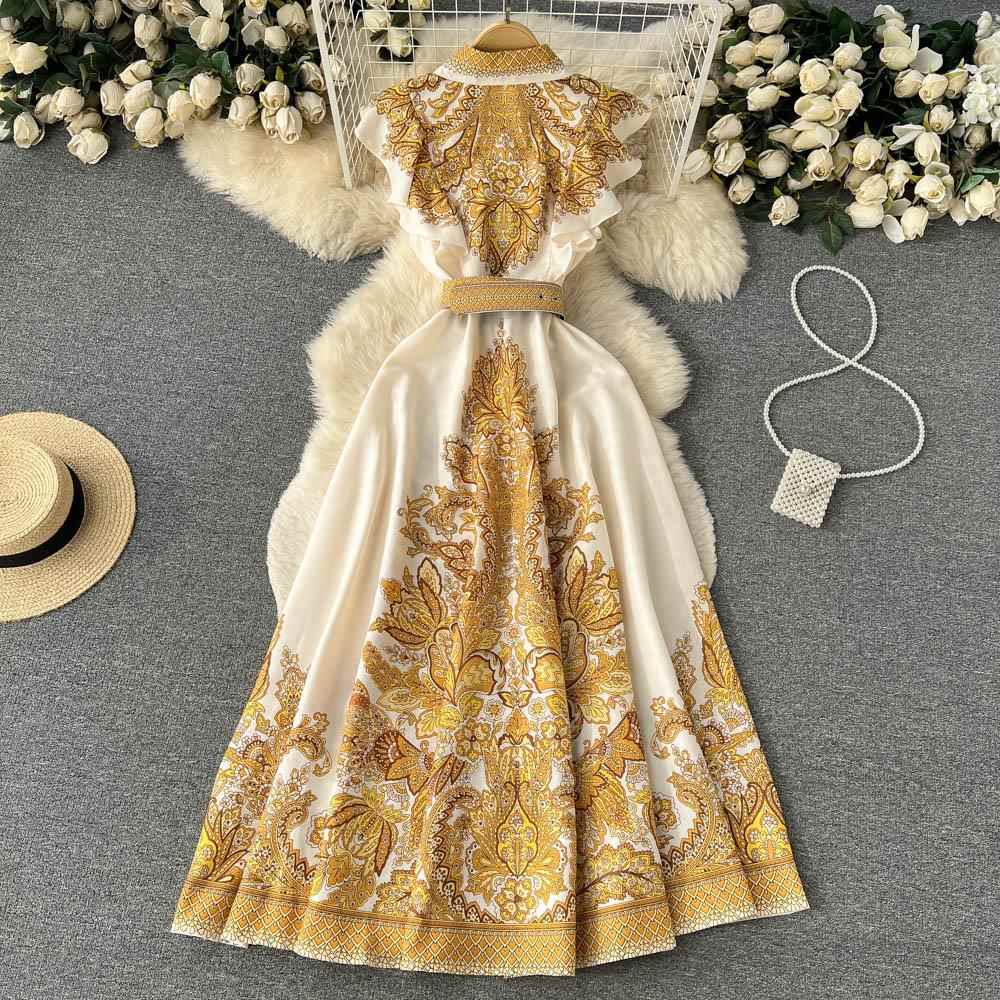 Ruffled lapel mid-length waisted palace style sleeveless
