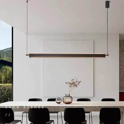 极简餐厅吊厅设计师长条台餐桌373灯简约轻奢一字上下灯发光饭灯