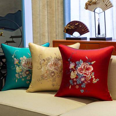 房沙发抱枕新中式板刺绣靠枕客厅红IGH木喜腰枕国风庆样刺绣