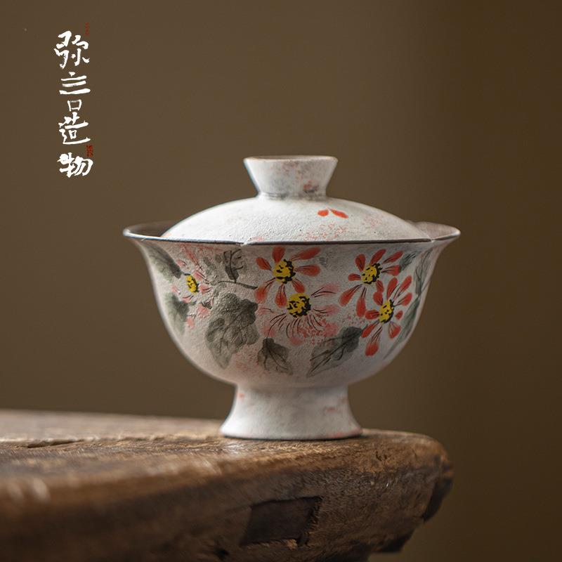 弥言日式诧寂风粉引粗陶手绘盖碗复古高足泡茶碗茶杯单个茶艺茶碗