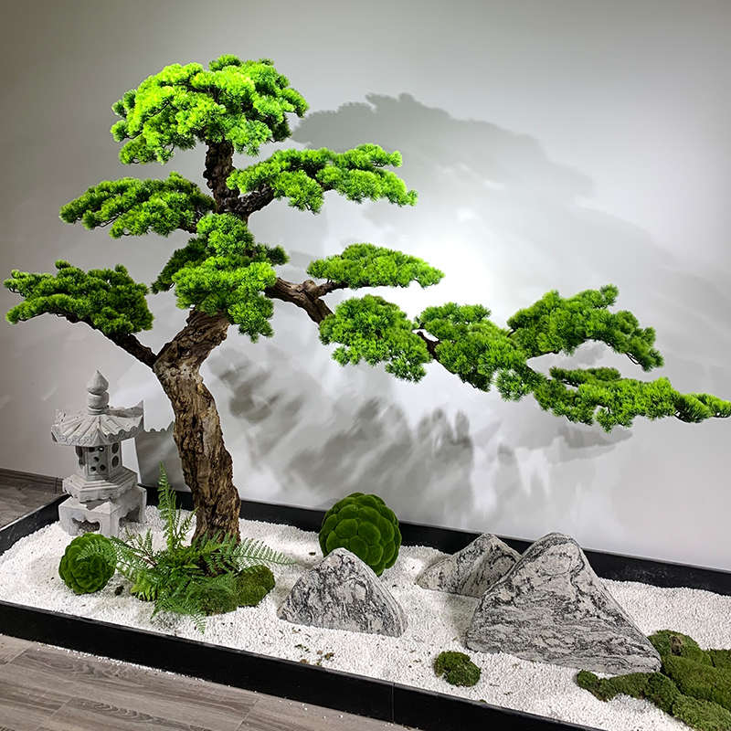 新中式迎客松仿真树室内绿植造景落地装饰盆景玄关楼梯下罗汉松树