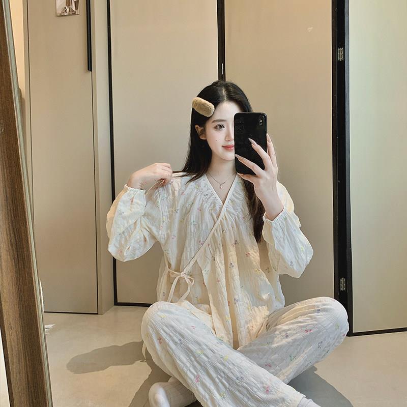 云朵棉孕妇套装春秋纱布大尺码睡衣产后哺乳家居服夏季空调房月子