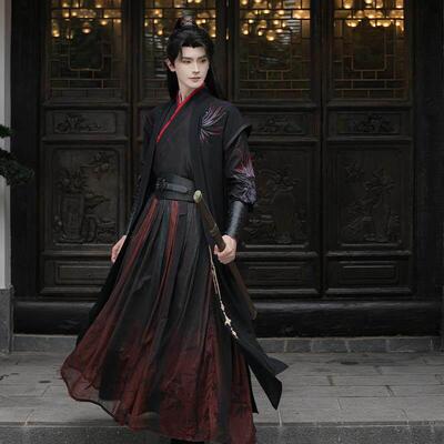 武侠刺绣黑红渐层酷飒古装日常古风男女学生演出服COS服汉服套装