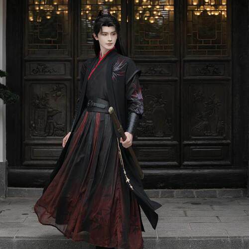 武侠刺绣黑红渐层酷飒古装日常古风男女学生演出服COS服汉服套装