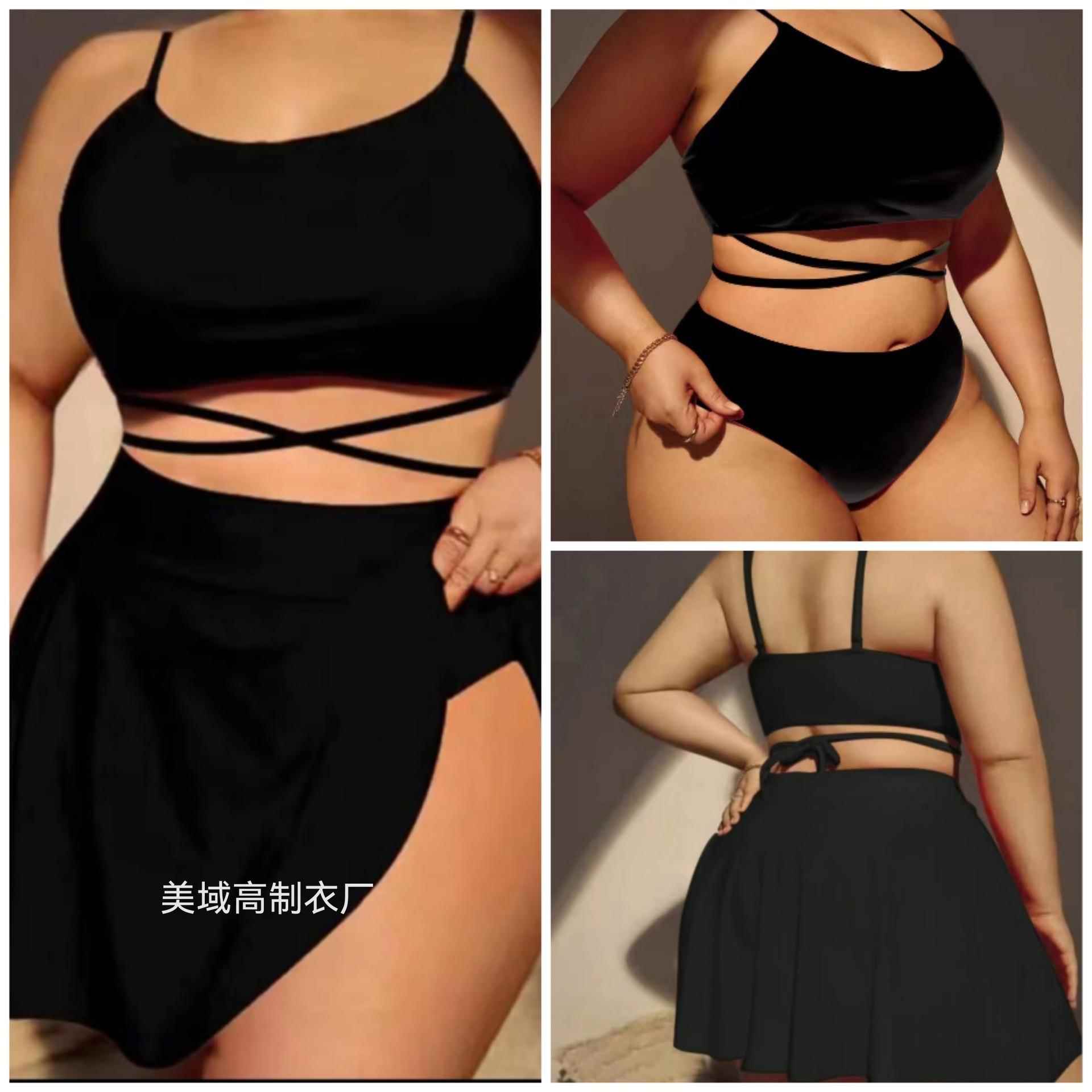 Sexy solid color large size three piece high waist bikini
