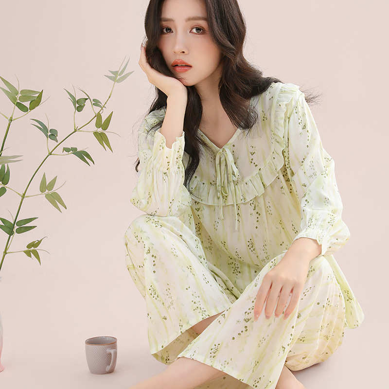 女士绵绸睡衣透气健康宽松双长款套装系带绳花边款家居服柔软舒适