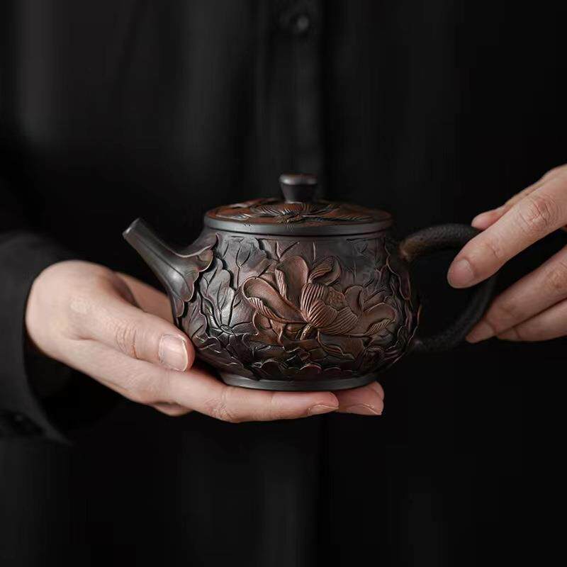 紫陶茶壶纯手工壶仿古功夫紫砂壶家用茶具雕花泡茶壶单个西施壶