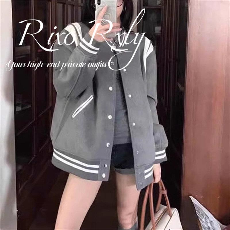 RIXO RXLY灰色条纹撞色棒球服外套女春秋宽松慵懒风休闲百搭上衣