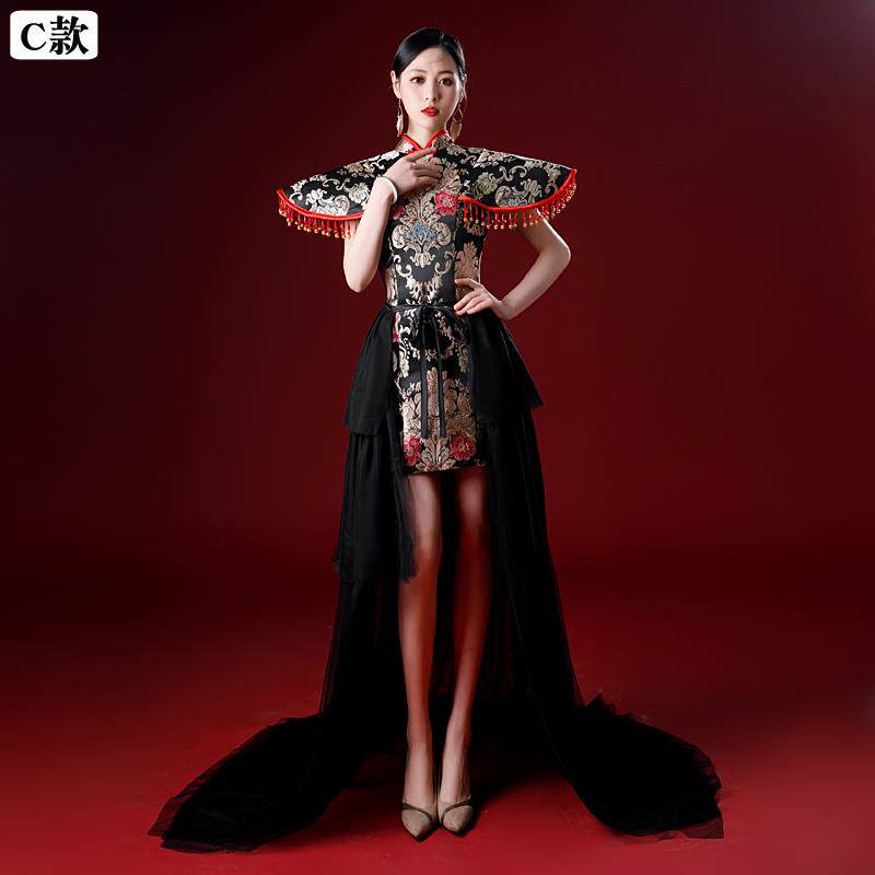正品中国模特走秀霸气舞风台演服出服黑色旗袍人拖尾主持气质礼带