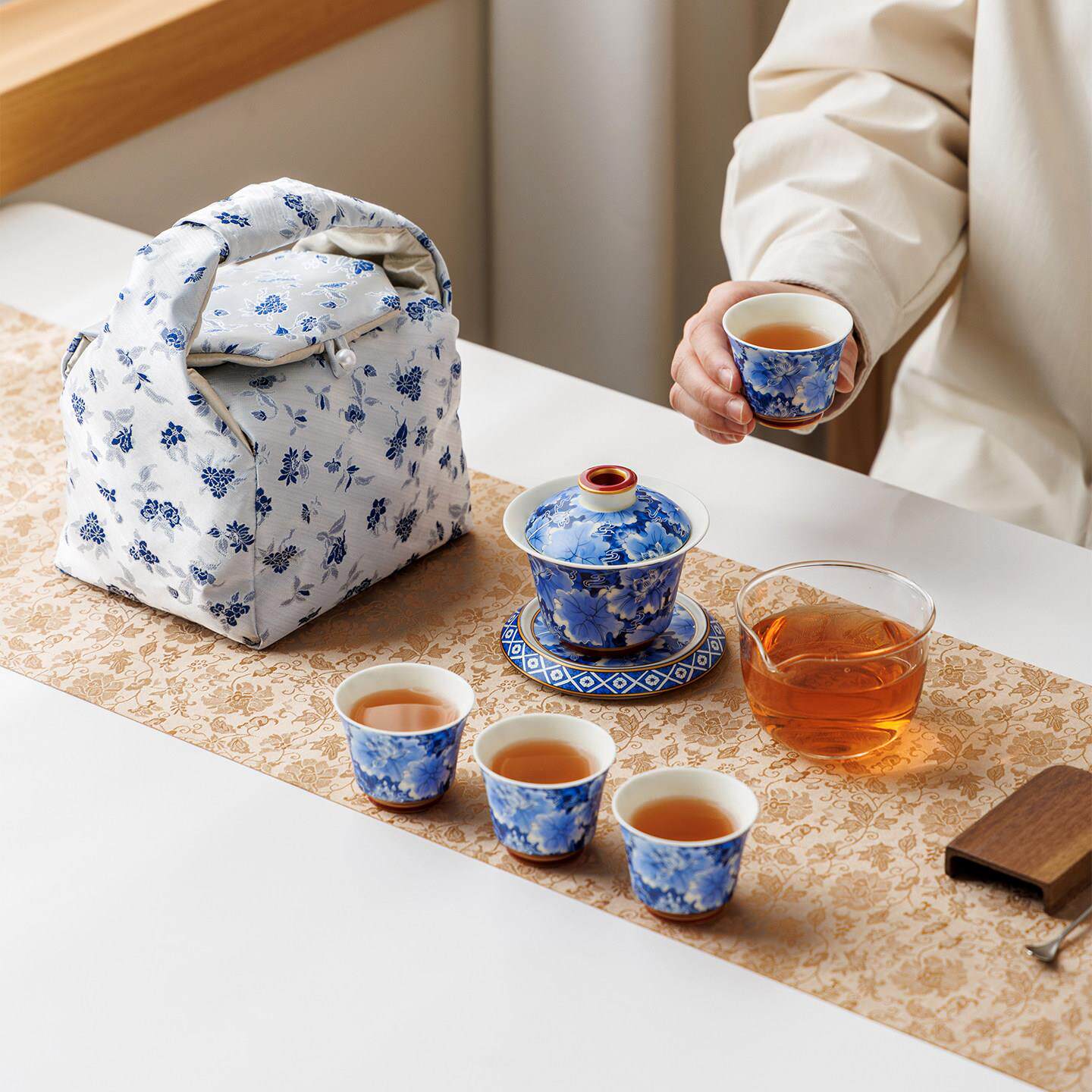 米黄满花荷韵旅行茶具便携式包户外车载功夫茶杯泡茶盖碗喝茶装备