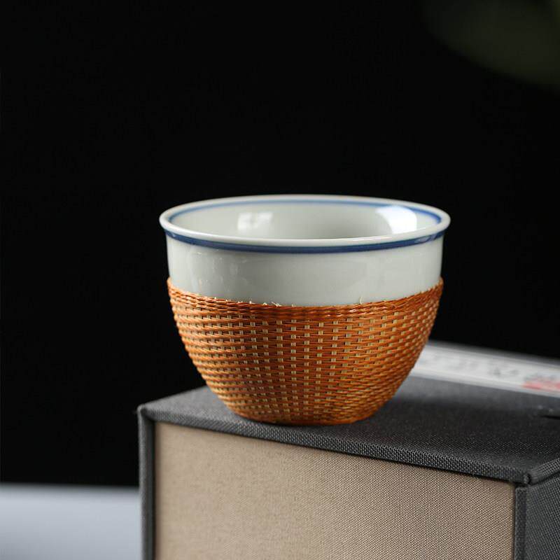新中式竹编小杯竹丝扣瓷手工茶杯陶瓷非遗成都建盏主人杯可携式茶