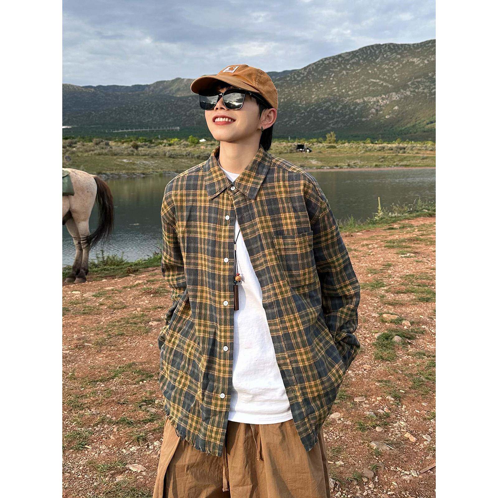 XBRO美式覆古古著撞色春秋男女宽松格纹慵懒长袖格子衬衫毛边衬衫
