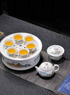 潮州八景茶盘羊脂玉功夫茶具潮汕茶人家白瓷茶壶茶杯