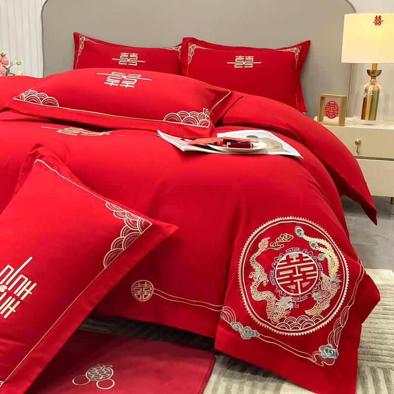 高端婚庆磨毛四件套床笠款刺绣喜庆被套新婚房嫁礼结婚床上用品