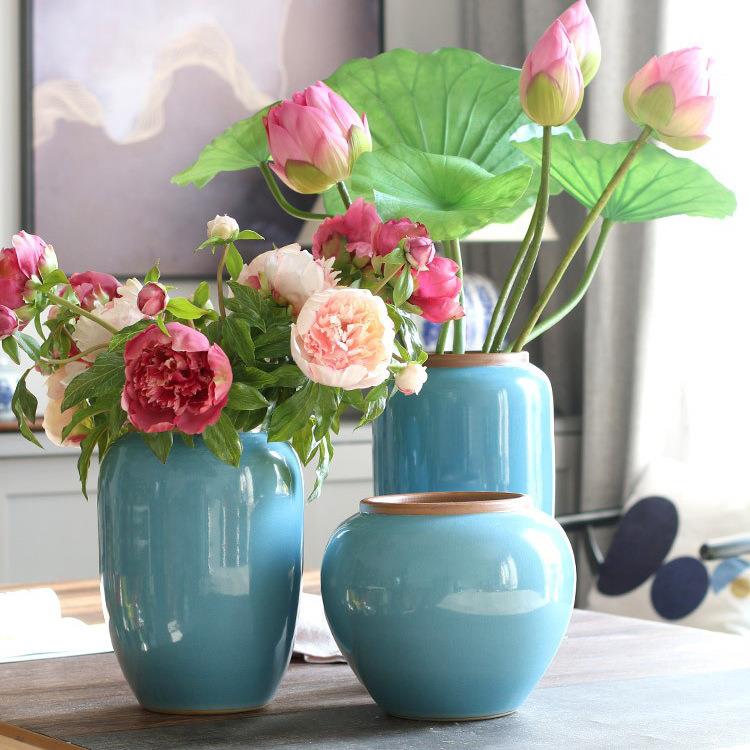 清荷裂纹蓝色景德镇陶瓷花瓶摆件禅意中式客厅样板房酒店软装饰品