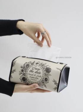 马鞍皮纸巾盒覆古花纹 中古黑白ins系列卫生纸盒皮革高级感小众