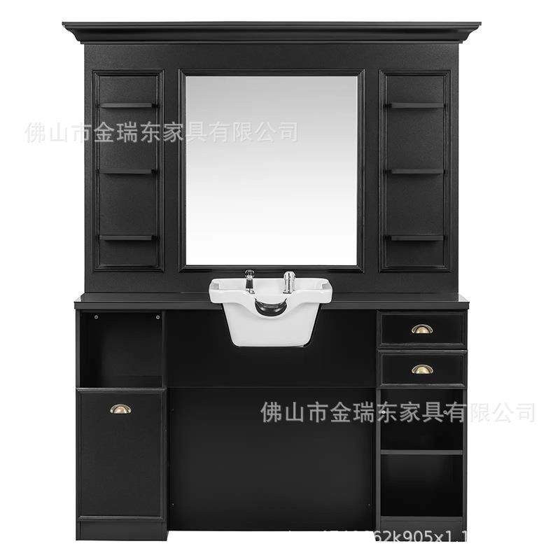 多功能理发店置物架镜台现代沙龙镜复古实木美发镜台柜一体带洗头