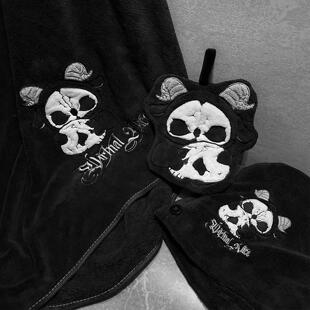 爱丽丝暗黑哥特死神骨面黑色珊瑚绒擦手巾干发帽浴巾吸水毛巾套装