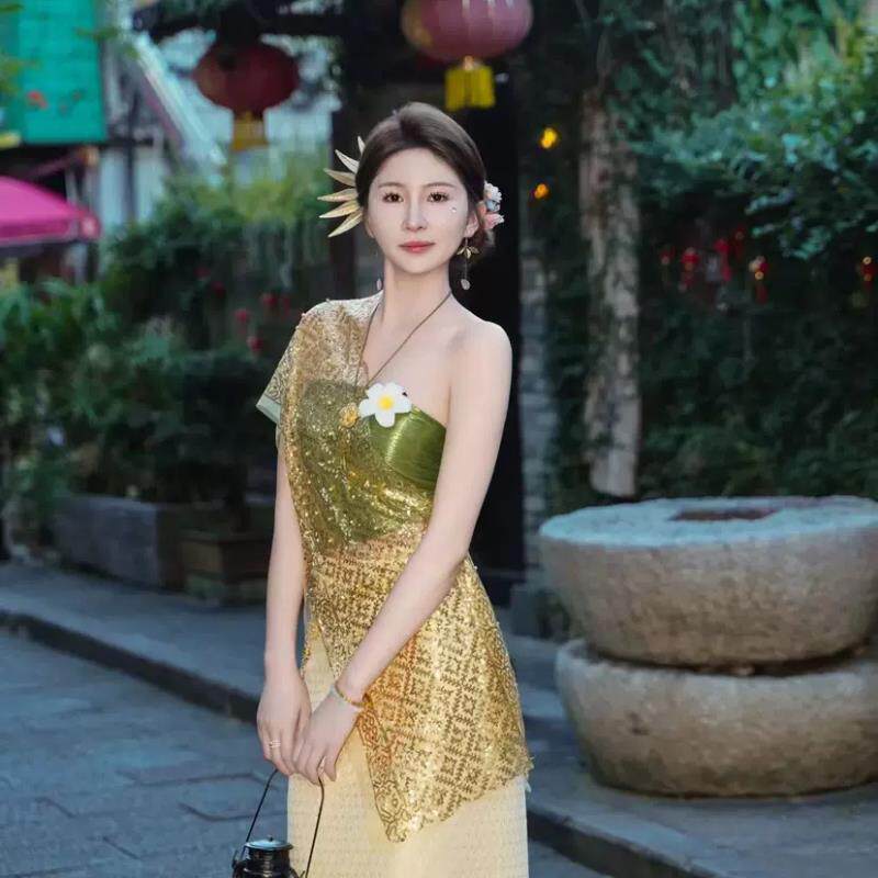 新款西双版纳傣族套装女装泰国旅游表演舞蹈写真不掉粉均码泼水节