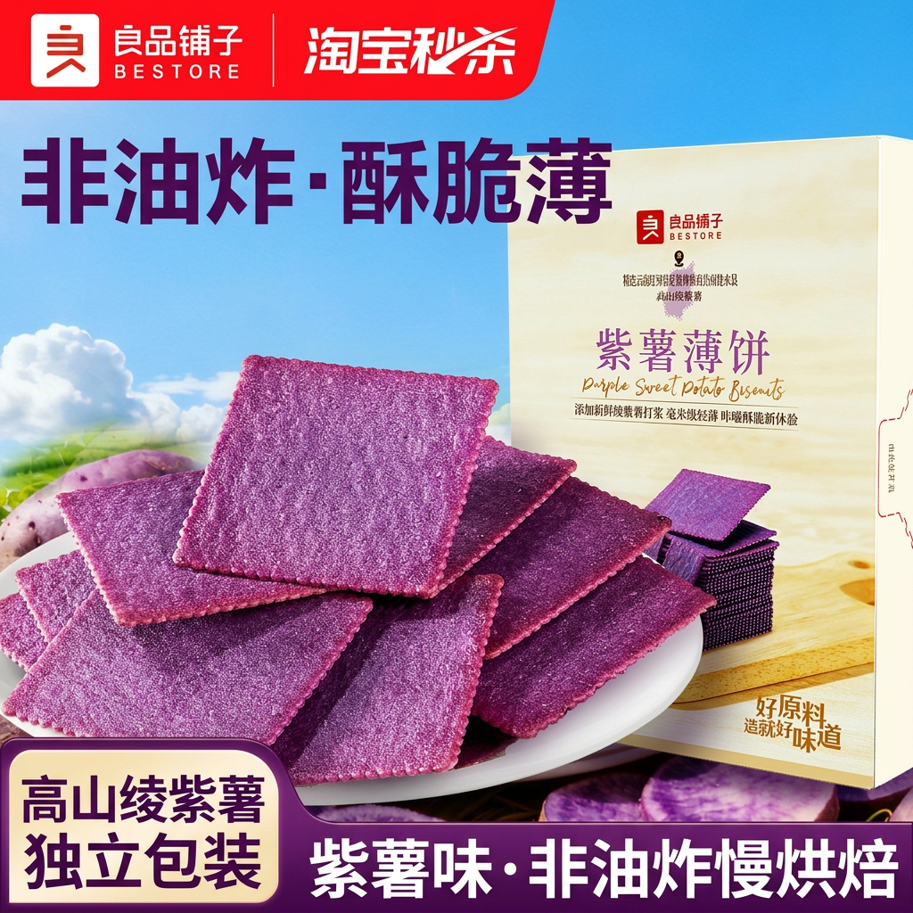 良品铺子酥脆薄饼紫薯味300g非油炸薄脆饼干独立包装休闲零食