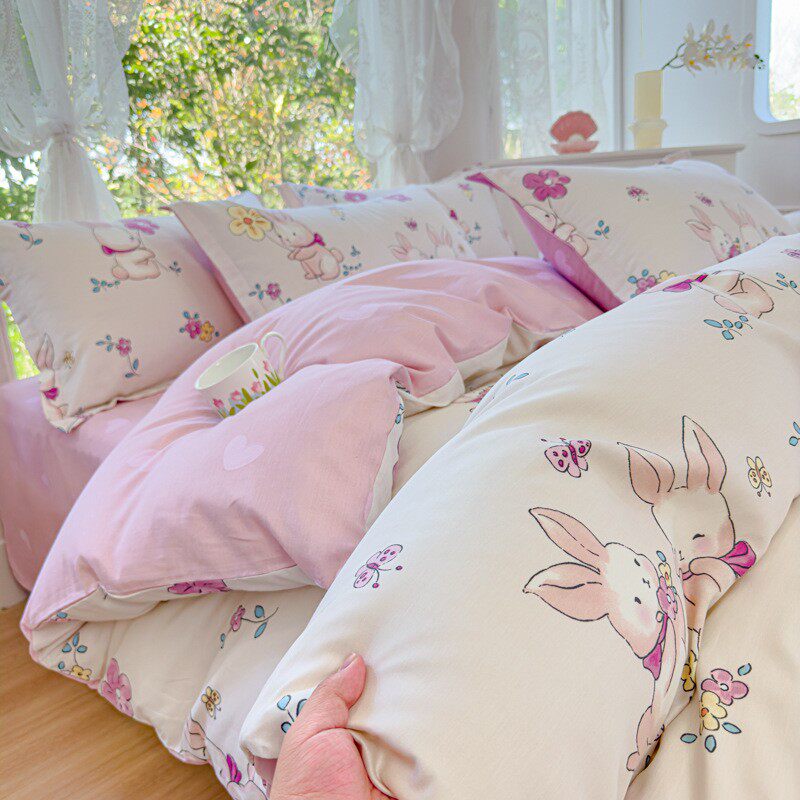 全棉碎花床上四件套纯棉小清新卡通被罩四季透气亲肤款家用床单款