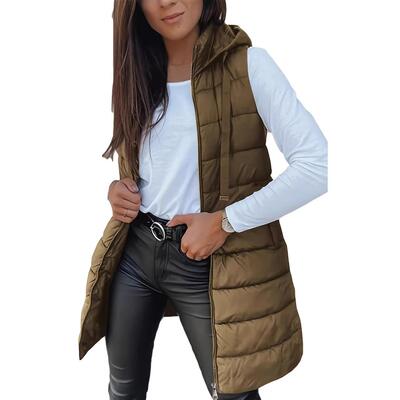 Women Long Vest Solid Color Sleeveless Hood Winter Puffer