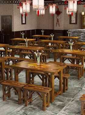 快餐椅CKR吃店烤仿古碳化木桌餐饮工厂烧食堂小早餐长方形4人长餐