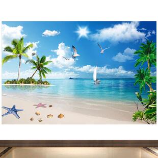 大海风景画椰子树一帆风顺帆船山水风景画财源滚滚墙贴壁挂画自粘