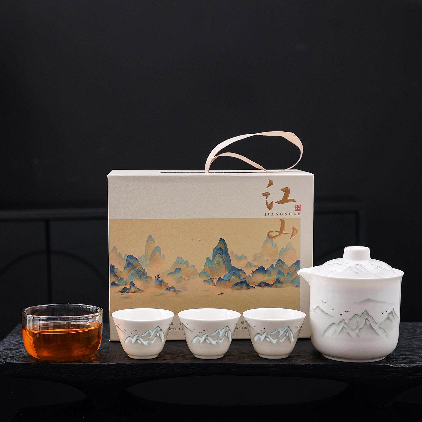景德镇国潮文创羊脂玉玲珑白瓷旅行茶具套组一壶四杯快客杯高档礼