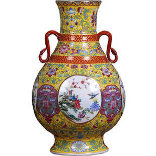 景德镇陶瓷花瓶仿古中式瓷器装饰品摆件工艺品珐琅彩开窗花鸟福筒