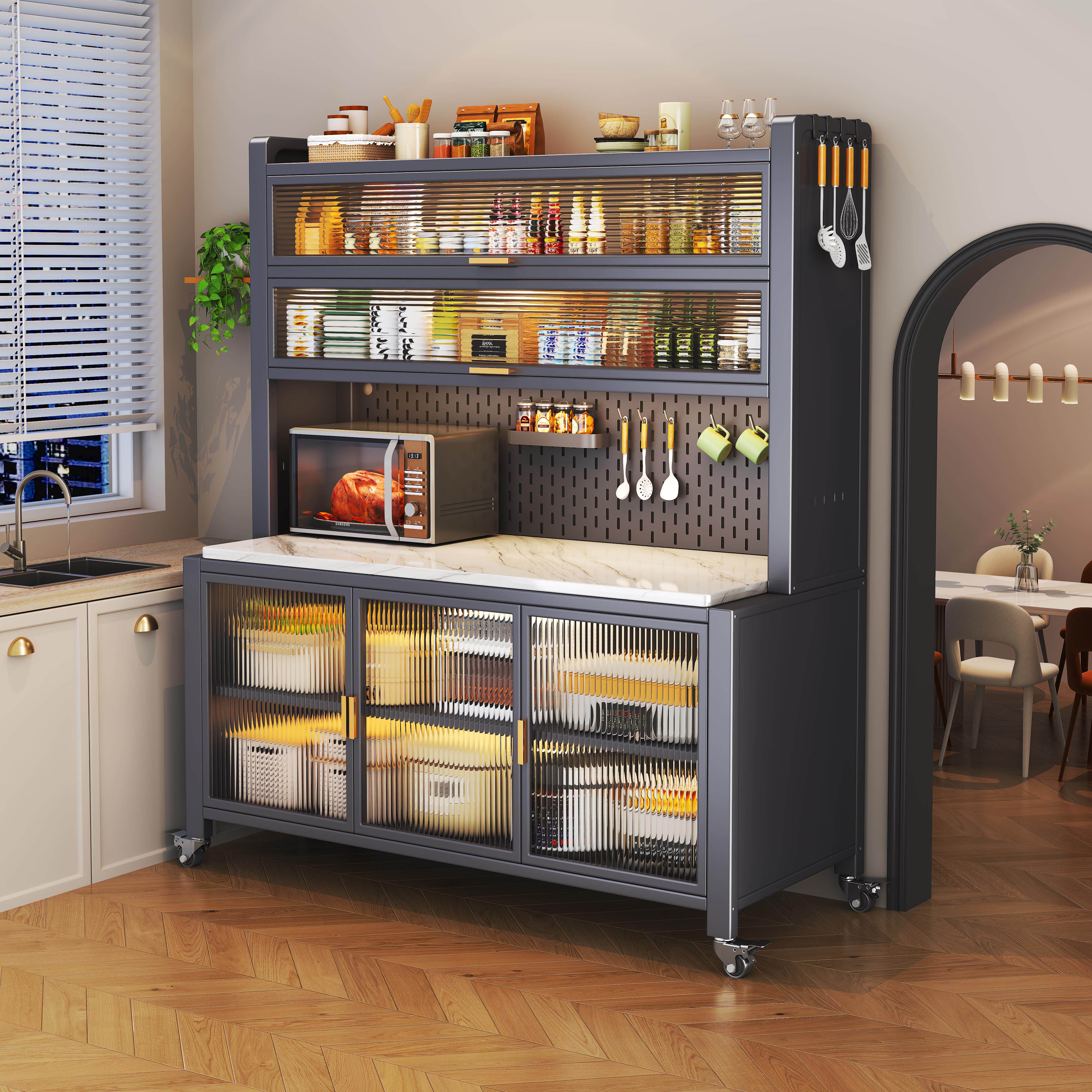 厨房置物架家用岩板餐边储物落地多层微波炉多功能收纳碗盘柜整体