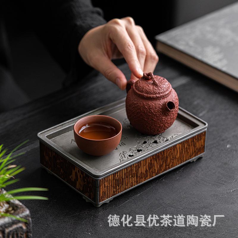 优茶道 老锡壶承八方纯锡茶壶托蓄水茶盘盖碗底托主人垫梅鹿干泡