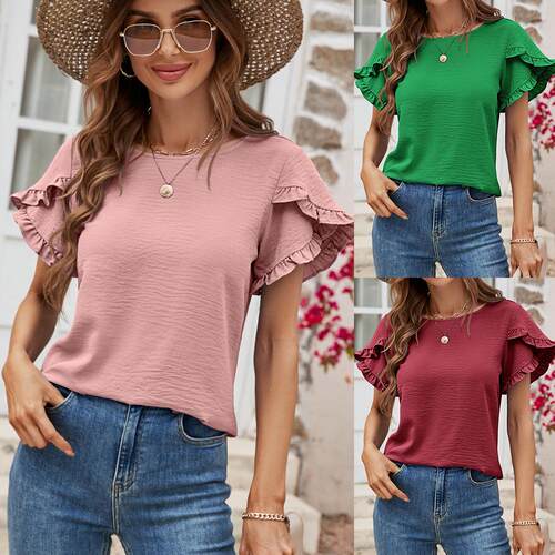 【Plus Size】 Solid Color Short Sleeve Blouse, Casual Top