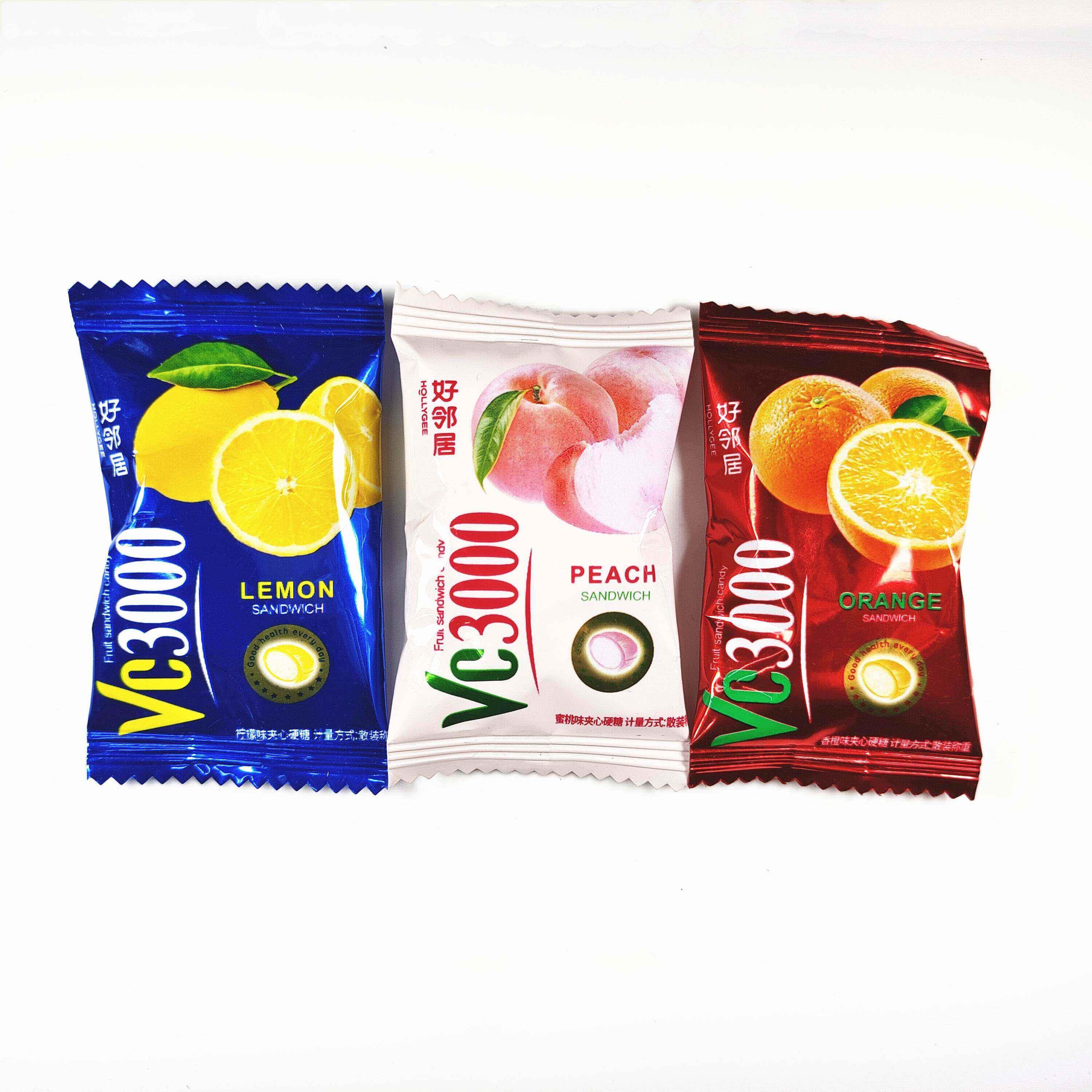 好邻居VC3000柠檬蜜桃香橙味夹心水果硬糖果喜糖补充维生素C 散装