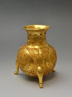 厂家 仿古做旧纯铜鎏金婴戏纹三足花瓶铜工艺品摆件 来图定制