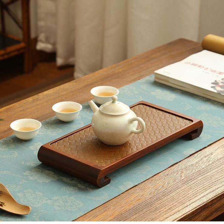 新中式书卷状禅意竹木制席纹小茶盘长方形收纳竹制可携式干泡托