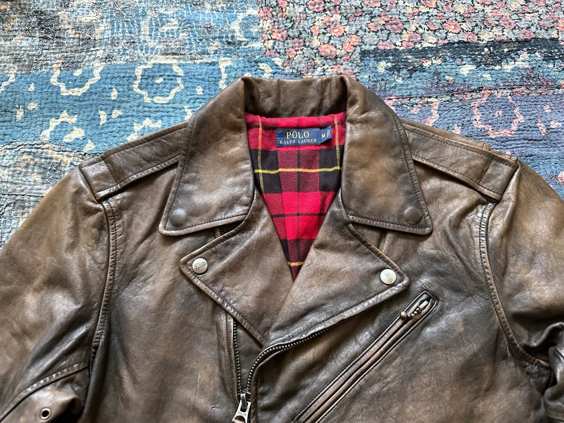 Polo Ralph Lauren Brown Distressed Biker Jacket — detail