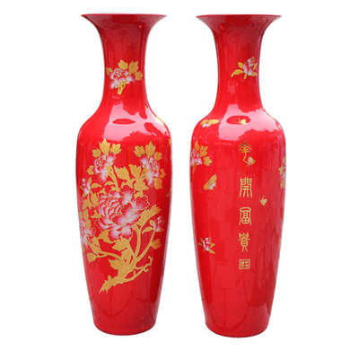 景德镇陶瓷器瓶中国红彩金牡丹花开富贵落地大花瓶酒店客厅大摆件