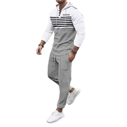 Men's Striped Patchwork Hoodie & Waffle Knit Pants Set