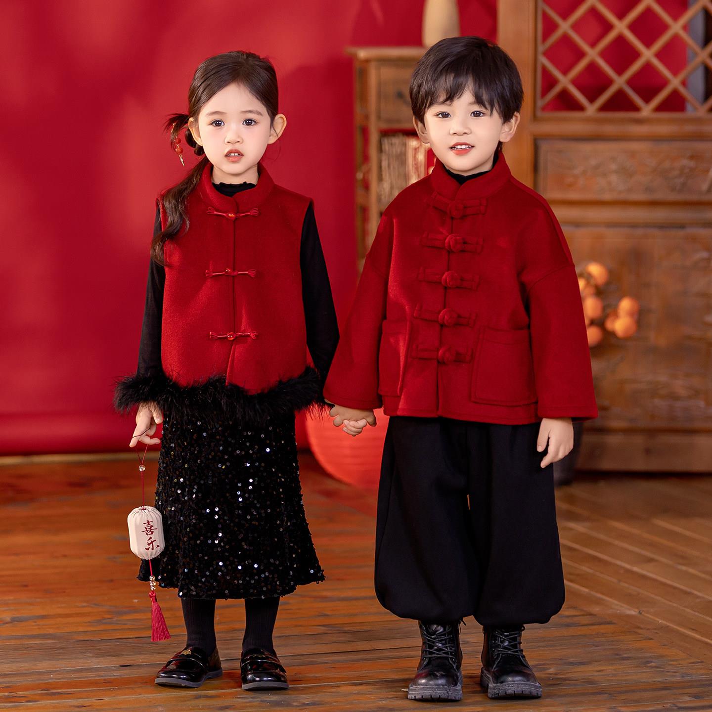 汉服男女童国风新中式套装加绒红色拜年服兄妹冬季马年贺岁演出服