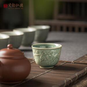 景德镇陶瓷器手工雕刻龙泉青瓷茶杯品茗杯主人杯个人杯单杯茶具